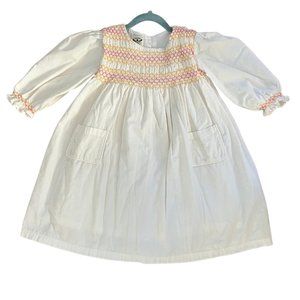 Vintage Cream Smocked dress w/ long sleeves and pink & orange embroidery Size7